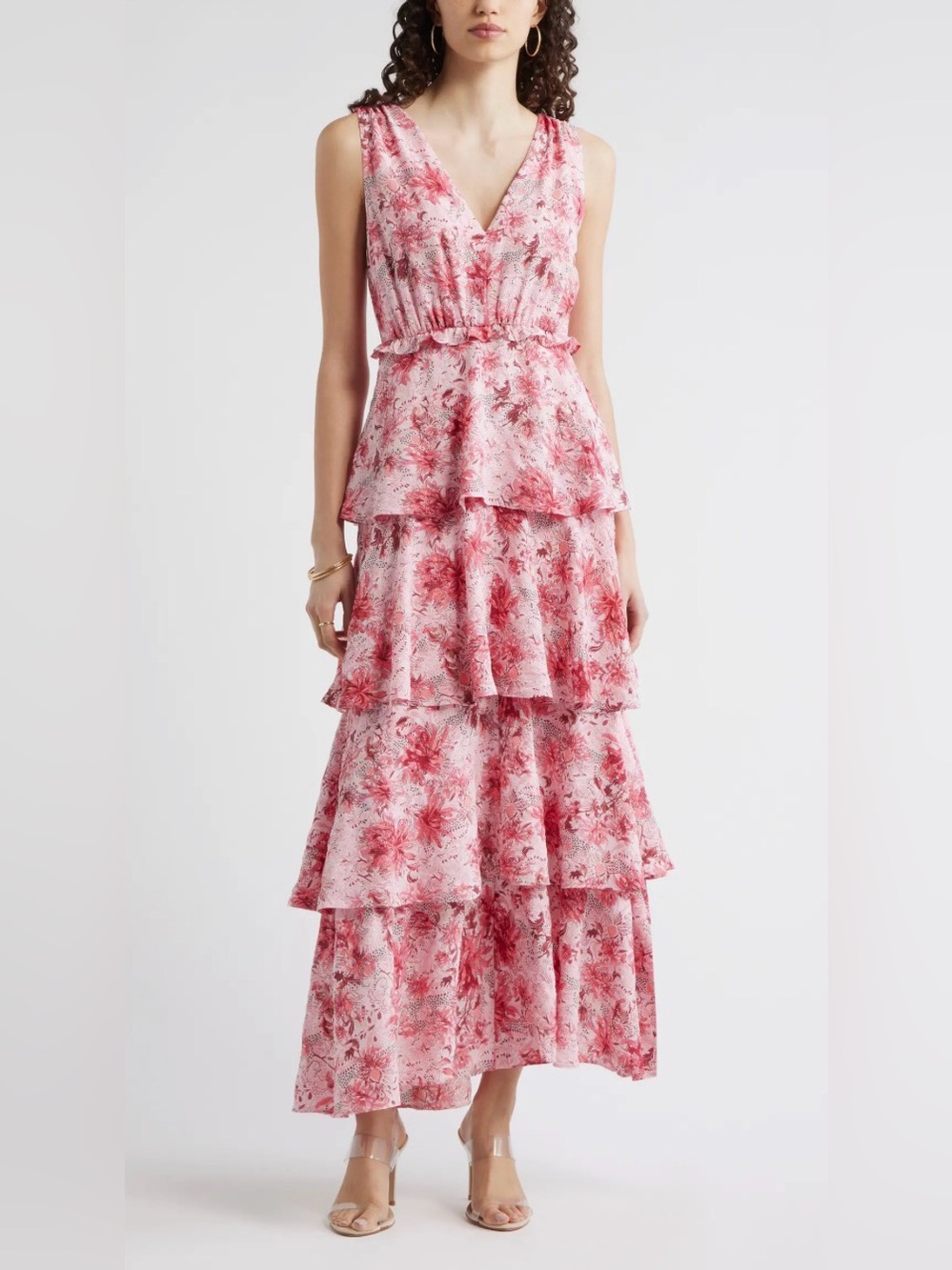 Chelsea28 Pink Floral Tiered V-Neck Midi Dress